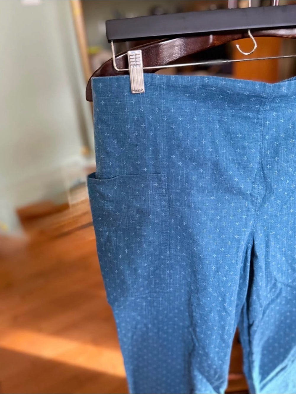 Smoking Lily Milo Straight Leg Pants in Denim Blue with Subtle Cross Pattern